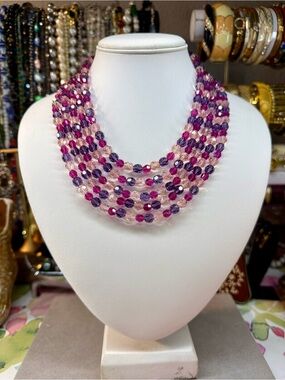 Vintage Multi-strand Pink & Purple Faceted Glass  Bead Necklace - Women Jewelry